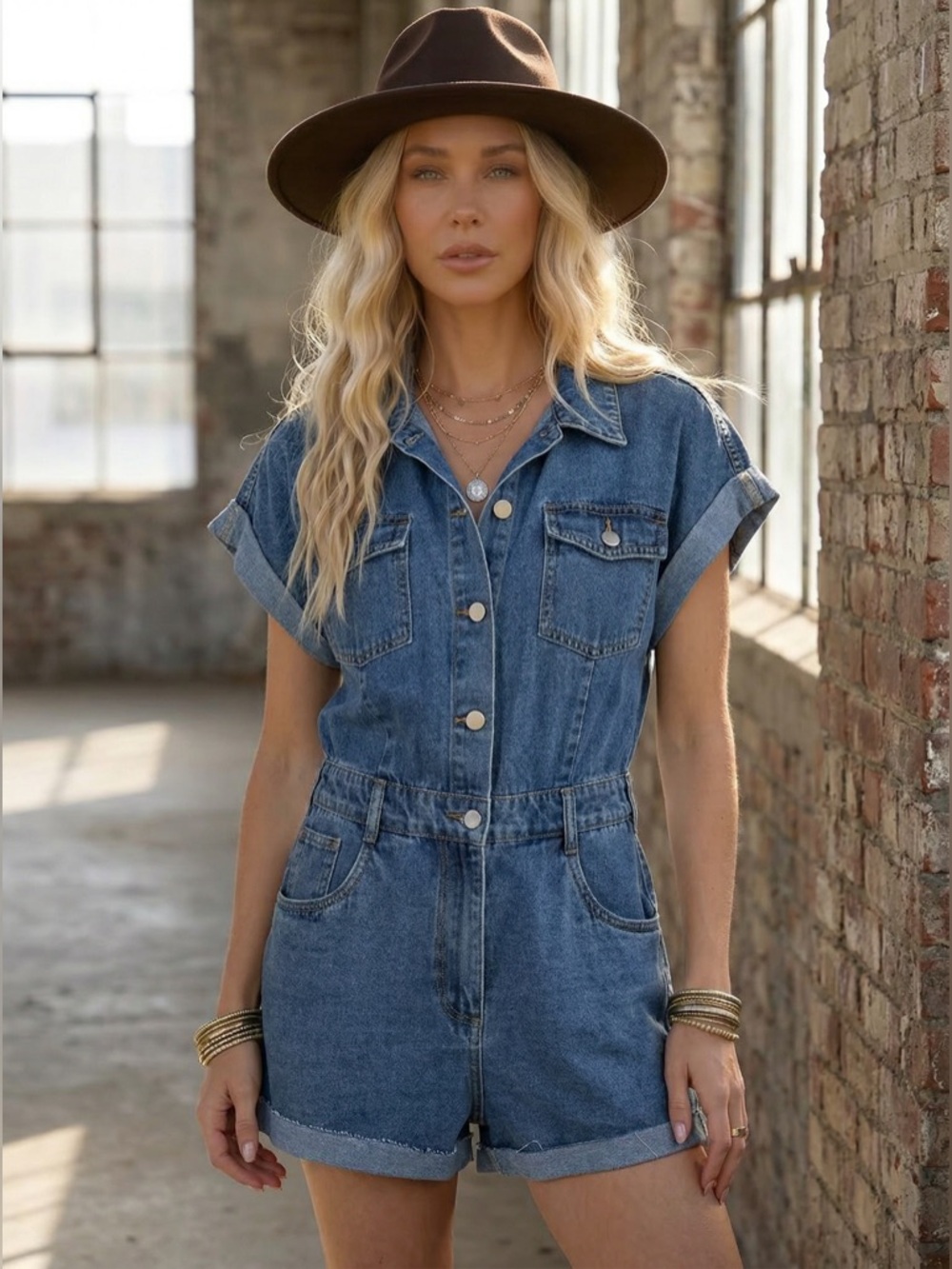 NWT Eesome Denim Button Down Jumper Jean Utility Romper Jumpsuit